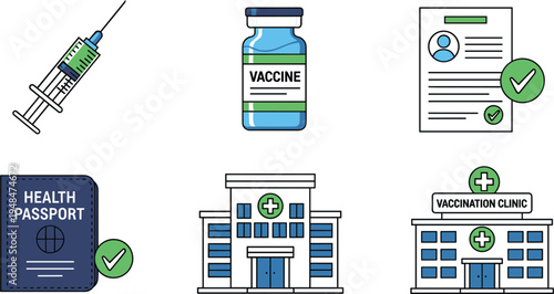 Health and vaccination vector illustrations featuring syringe, vaccine vial, health passport, vaccination clinic, and medical certificates for healthcare, vaccination, and medical services projects.