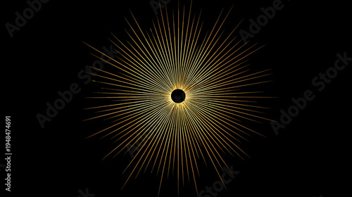 Golden bursts radiating from a dark core. Linear lines of light stretch outwards in a circle