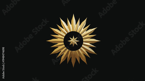 A golden sunburst with a central star against a black background