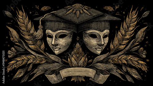Artistic depiction with two masks, foliage, a ribbon, and a top hat, on a black background