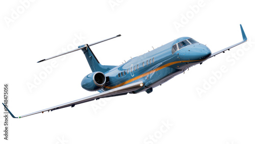 Fotografía Sleek blue and orange private business jet in dynamic flight, isolated on transp