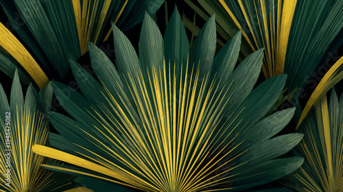 Stylized tropical leaves in deep green and gold hues. A repeating pattern with a dark background
