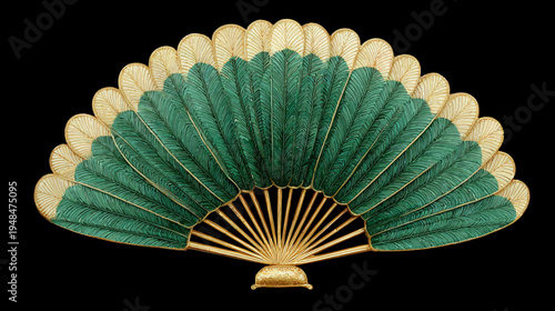 Decorative hand fan with a gold frame and alternating green and white feather-like accents