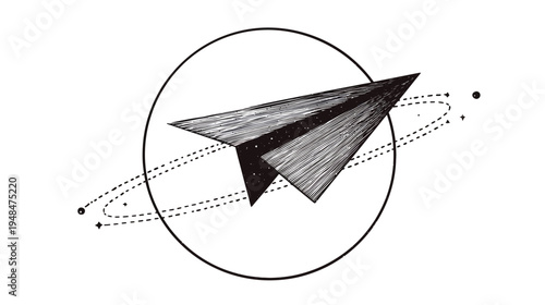 Black and white illustration of a paper airplane with a starry design. It orbits a circle