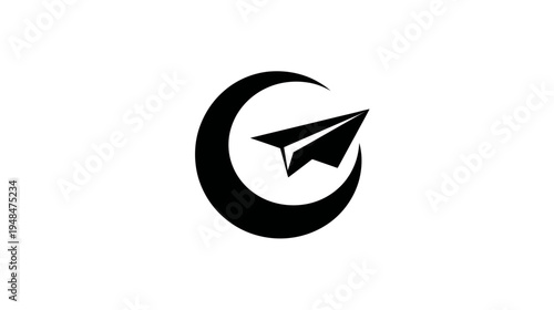 Free Download A minimalistic black and white logo with a crescent moon surrounding a paper airplane - GFXLoad