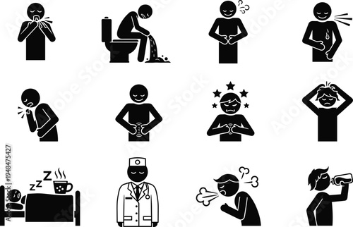Human illness symptoms icons set, sick person healthcare pictograms showing cough vomiting fever headache dizziness and medical treatment vector
