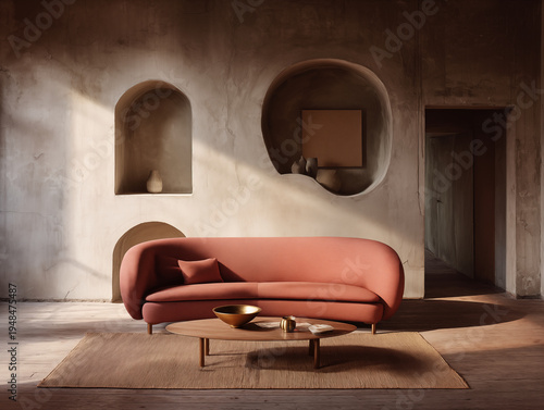 Elegant coral curved sofa and minimalist coffee table arrangement in a sunlit, textured stucco interior with arched niches and natural light play