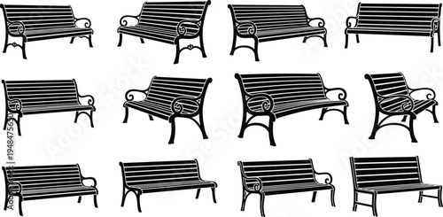 Park bench silhouettes vector set, outdoor garden seating furniture icons collection isolated decorative street bench illustration