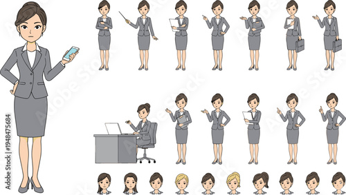 Businesswoman character set with different poses, gestures and expressions, office worker presenting, pointing, working with laptop and phone, flat vector illustration collection