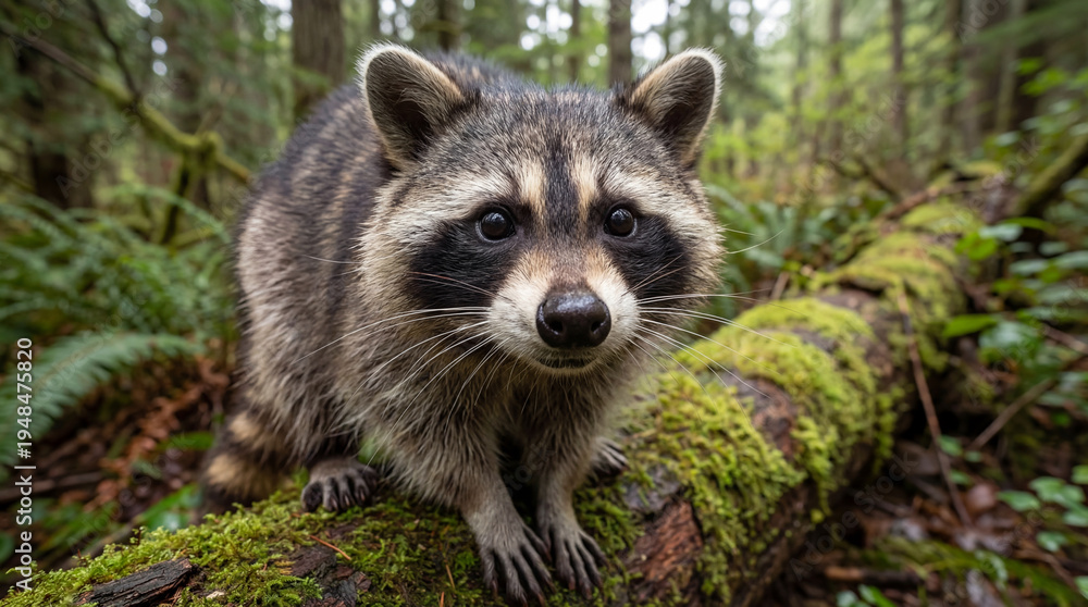 Obraz premium Curious Raccoon on Mossy Log in Lush Forest Wild Nature Encounter.