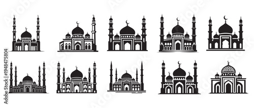 Collection of black silhouette mosque designs showcasing Islamic architecture and cultural heritage