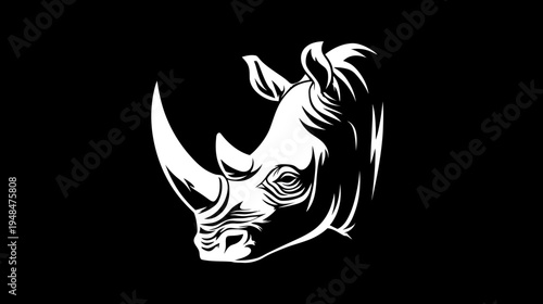A stark, white outline of a rhino's head against a black background. Simple, bold, and graphic