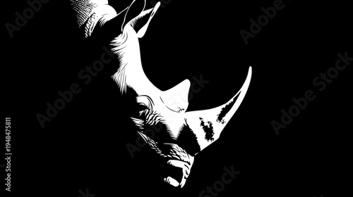 A stark, high-contrast illustration of a rhino's head, predominantly white against a black backdrop
