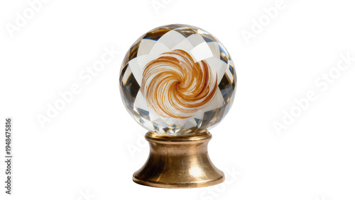 Foto Sparkling faceted crystal ball with intricate golden swirl design, elegantly mou