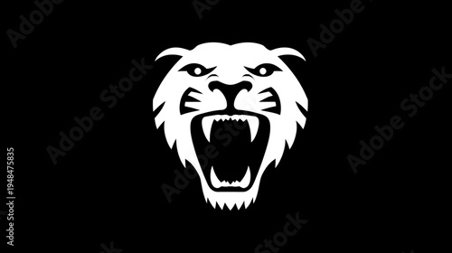A fierce white animal face with bared teeth, fierce eyes, and pointed ears on black background