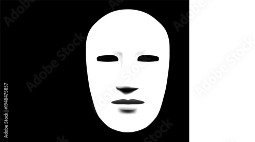 A white face on a black background. Simple illustration of a face with oval shape. Eyes and lips