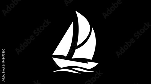 A stark, minimalist illustration of a white sailboat on a dark background, in silhouette