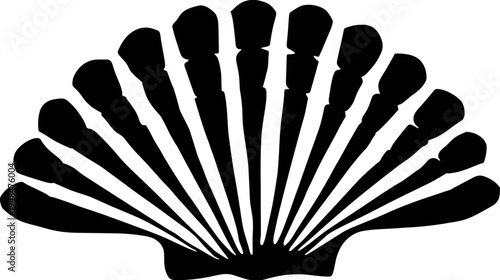 A black and white scallop shell silhouette with radiating lines