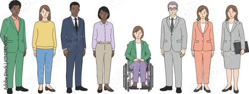 Diverse group of business people including person in wheelchair, inclusive workplace diversity and equality concept flat vector illustration