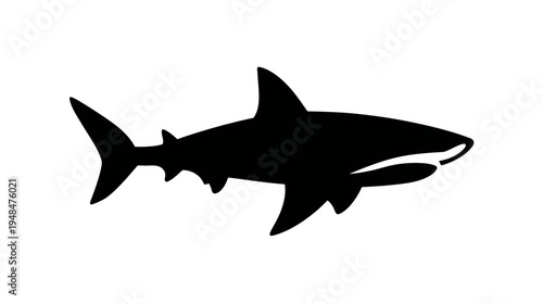 A silhouette of a shark in black. It is swimming from left to right, on a white background