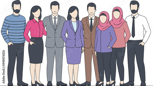 Diverse business team with multicultural professionals including women wearing hijab, workplace diversity and inclusion concept flat vector illustration