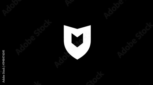 A white shield with a stylized chevron cutout sits centered on a stark black background