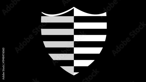 A symmetrical shield divided vertically, with alternating black, white, and gray horizontal stripes