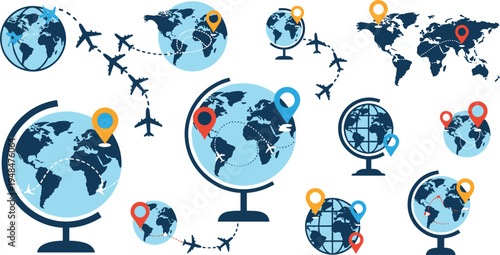 Travel and Globe Icons with Airplane Routes and Location Markers for Travel, Adventure, and World Exploration Designs.