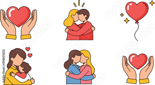 Love and affection vector illustrations featuring hearts, couples, hugs, and romantic gestures for relationship, love, and Valentine's Day projects.