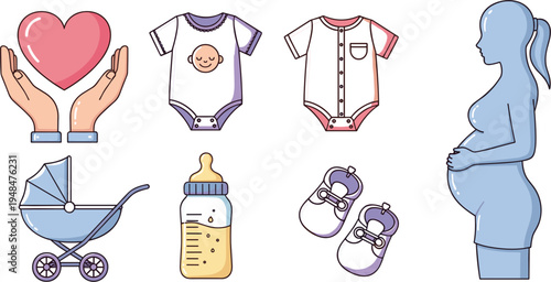 Maternity and baby-themed vector illustrations featuring baby clothes, stroller, feeding bottle, heart, and pregnant woman for parenting, family, and newborn-related projects.