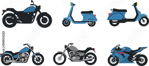 Motorcycle and scooter vector illustrations featuring cruisers, sports bikes, mopeds, and vintage motorcycles for automotive, transportation, and vehicle-related projects.