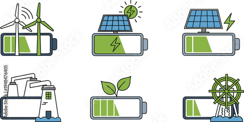 Renewable energy battery icons featuring solar panels wind turbines hydro power factory energy storage and eco battery charging concepts for green power technology projects.
