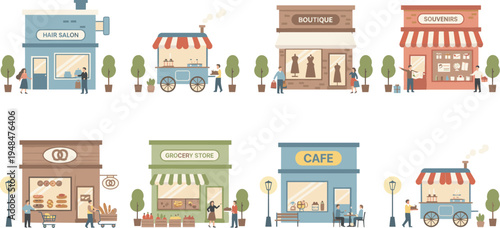 Small local business storefront collection including cafe, grocery store, boutique, souvenir shop, bakery and street food cart, flat vector illustration set