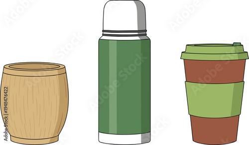 Reusable drink container vector icons featuring bamboo cup thermos flask and eco friendly takeaway coffee cup for sustainable beverage and zero waste lifestyle design.