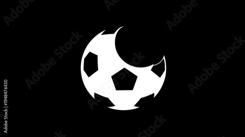 Stylized white soccer ball with a crescent-shaped void against a solid black background