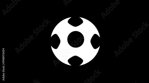 A stark white, circular abstract design with a central circle and four stylized protrusions on a black background