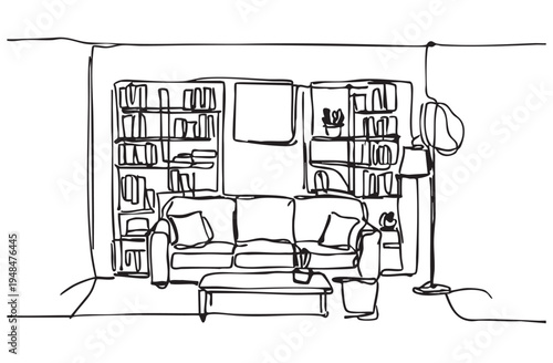Doodles sketch. Room interior, with sofa and bookshelves