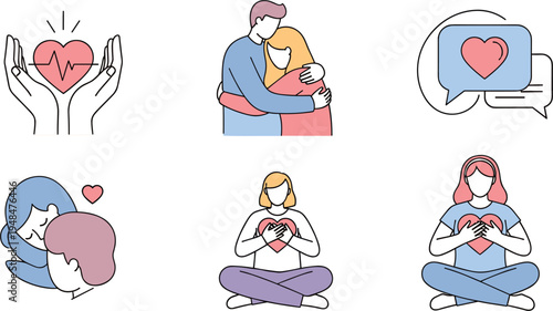 Romantic love and affection vector illustrations featuring heart hands, couples, hugging, and heart icons for relationship, love, and emotional connection projects.