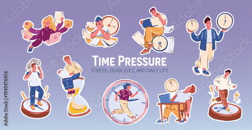 Time pressure stress sticker set with people, clocks, documents, deadlines, multitasking scenes, daily rush moments, burnout states, modern work and life pressure. Cartoon vector illustration.