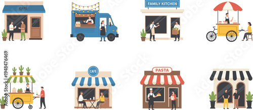 Small local business shops and street food vendors collection, cafe, restaurant, food truck and market stalls, flat vector illustration set