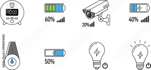 Smart energy and battery level vector icons featuring power indicator percentages security camera smart device controller and electric light bulb for energy monitoring technology concepts.