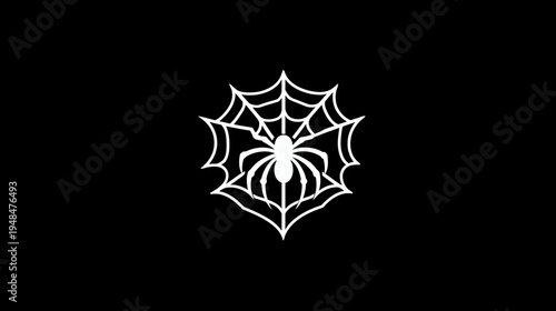 A white spider and its web are depicted on a black background, centered