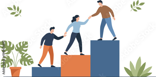 Teamwork success concept with people helping each other climb growth steps, collaboration support and leadership development flat vector illustration