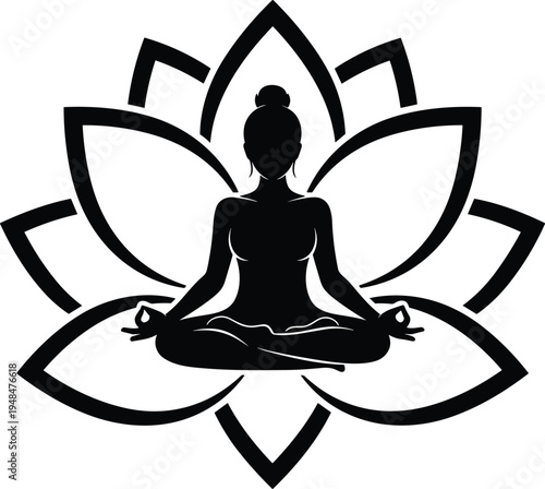 Yoga meditation lotus pose silhouette, woman meditating in lotus flower symbol, spiritual wellness mindfulness vector illustration isolated design