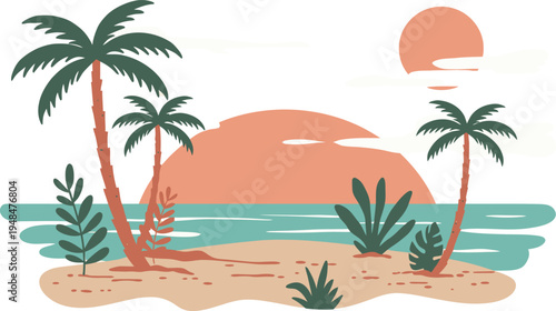 Tropical beach scene with palm trees and sunset over the ocean on a sunny day in a warm climate