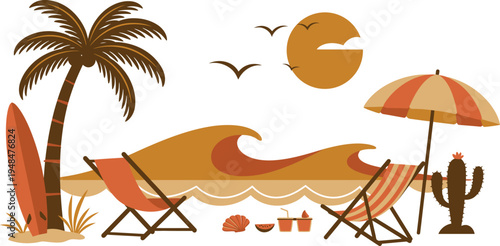 A serene beach scene with palm tree and cactus near orange chairs and umbrella