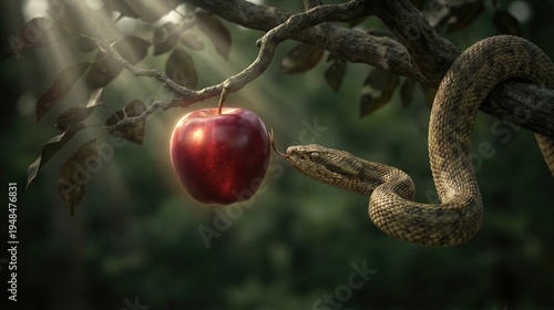 Snake touching red apple on tree branch in Garden of Eden. Biblical scene representing temptation and fall of man. Genesis religious concept, sin, nature and wildlife illustration.