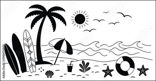Black and white beach scene with palm tree surfboards and ocean waves