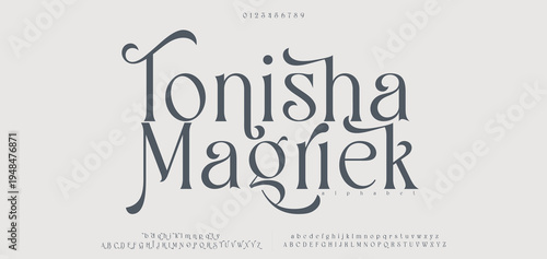 Tonisha Magriek Elegant awesome alphabet letters font and number. Classic Lettering Minimal Fashion Designs. Typography fonts regular uppercase and lowercase. vector illustration