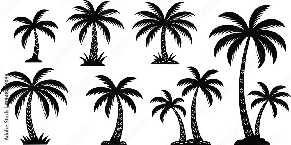 Fototapeta premium Nine different palm tree silhouettes against a white background various tropical plants